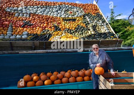 Slindon Village, West Sussex, UK. 29. September 2018. Jährliche Kürbis Anzeige Robin Upton steht vor seinem Kürbis Display, nächste Woche öffnen, die in diesem Jahr im Gedenken an den hundertsten Jahrestag der RAF, das 100-jährige Jubiläum des Waffenstillstandes und seiner Familie 50 Jahre wachsende Kürbisse. Es läuft von Oktober bis November (rund um Halloween) und besteht aus rund 100 verschiedenen Sorten von Kürbis und Squash. Credit Gary Blake/Alamy leben Nachrichten Stockfoto