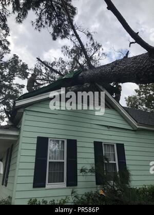 Us Border Patrol Suche Trauma und Rettung (BORSTAR) Teammitglieder einen umgestürzten Baum vom Dach eines Hauses in der Nähe von Wilmington, North Carolina entfernen, nach dem Hurrikan Florenz. CBP Stockfoto