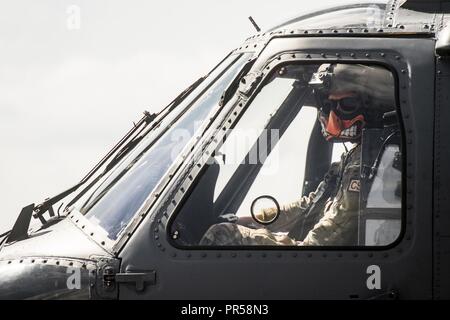 Ein Pilot der 334 Air Expeditionary Gruppe bereitet sich auf einen Bereich Einarbeitung Flug in einem HH-60G Pave Hawk, Sept. 17, 2018, Joint Base Charleston, S.C. Die 334 AEG ist ein expeditionary Such- und Rettungsdienstes, das bereits in der Lage, die Entlastung im Zuge der tropische Sturm Florenz zu bieten. Aus 23 d-Flügel und Rettung 920th Wing Personal und Assets, die 334 AEG bereit ist, Oberfläche, feste Flügel und Rotary SAR Operationen, wenn Sie aufgefordert. Stockfoto