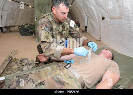 MAJ Kenneth Reed, 44. Medizinische Brigade, Preps ein IV auf seinem Teamkollegen 1 LT Tyler Martin zu verwalten. Stockfoto