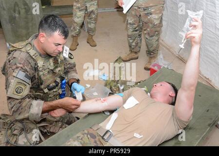 MAJ Kenneth Reed, 44. Medizinische Brigade, übt ein IV auf seinem Teamkollegen 1 LT Tyler Martin. Stockfoto