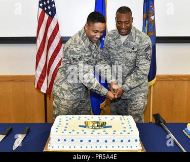 Amn. 1. Klasse Austin Bronson, 127 Instandhaltungsgruppe und Chief MSgt. Ethan Boyd, 127 Mission Support Group, repräsentieren die Flügel der jüngsten und ältesten Fliegern, wie sie Kuchen zum 71. Geburtstag des Air Force bei Selfridge Air National Guard Base, mich September 18, 2018. Mehr als 800 Mitglieder von Team Selfridge feierte die stolze Geschichte und Erbe der amerikanische Flieger und die andauernden Beitrag von Airpower für die nationale Sicherheit. Stockfoto