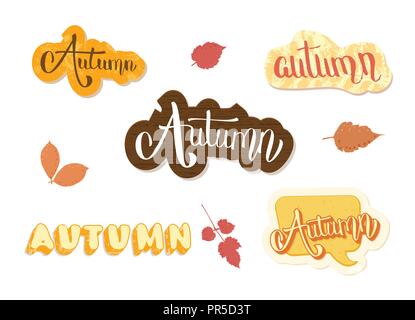 Einstellen des Herbstes Worte texturierte Aufkleber. Handschriftliche Beschriftung mit Dekoration. Elemente für Saison Design. Vector Illustration. Stock Vektor