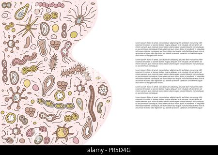 Horizontale Banner mit verschiedenen microarganisms Zellen. Für Karten, Broschüren, social media Vorlage. Satz von Bakterien Form. Vektor doodle Style gesundes Stock Vektor
