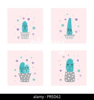 Vektor cute Cactus Design. Vier Hand gezeichneten Stil Zimmerpflanzen mit glücklichen Gesicht Kompositionen. Stock Vektor