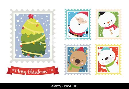 Weihnachten Santa snowman Bären und Rentiere cartoon Stempel Rahmen auf weißem Hintergrund Vector Illustration Stock Vektor