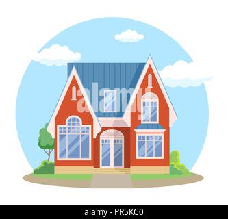 Red cartoon Haus außen mit blauen bewölkten Himmel Front Home Architektur Konzept flache Design Stil. Vector Illustration der Fassade Gebäude Stock Vektor