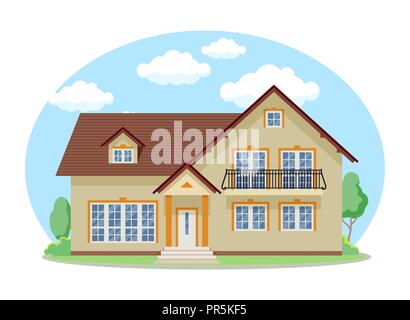 Cartoon Haus außen mit blauen bewölkten Himmel Front Home Architektur Konzept flache Design Stil. Vector Illustration der Fassade Gebäude Stock Vektor