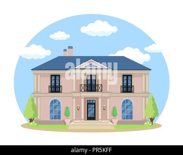 Cartoon Haus außen mit blauen bewölkten Himmel Front Home Architektur Konzept flache Design Stil. Vector Illustration der Fassade Gebäude Stock Vektor