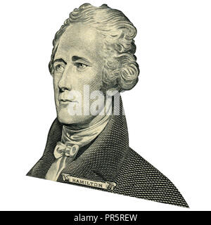 Erste Finanzminister Alexander Hamilton. Qualitative Portrait von 10 Dollar Banknote isolater weißen Hintergrund. Foto in einem Winkel von 15 Degre Stockfoto