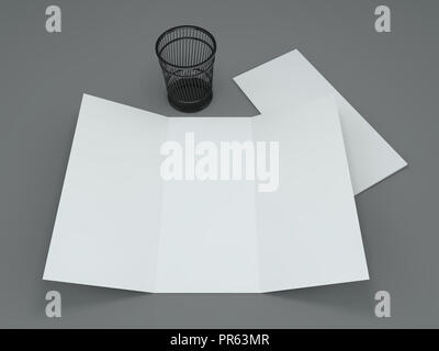 Weiße Vorlage Faltblatt auf grauem Hintergrund. Mockup. 3D-Rendering Stockfoto