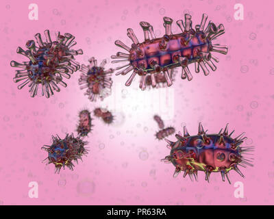 Wissenschaftlicher Hintergrund mit Bakterien, Viren, Mikroorganismen, 3D-Rendering Stockfoto