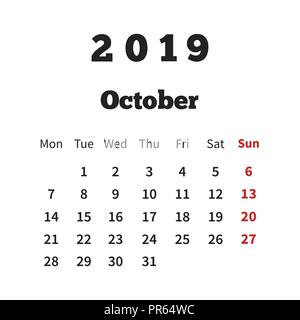 Einfacher Kalender Oktober 2019 Jahr mit Woche ab Montag isoliert auf weißem Stock Vektor