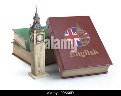 Studieren und Englisch Konzept lernen. Buch mit Flagge von Großbritannien und Big Ben tower isoliert auf Weiss. 3d Iluustration Stockfoto