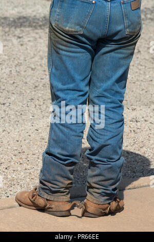 Australien, Northern Territory, Katherine. Detail der typische Outback Cowboy Stiefeln, Jeans und Sporen. Stockfoto