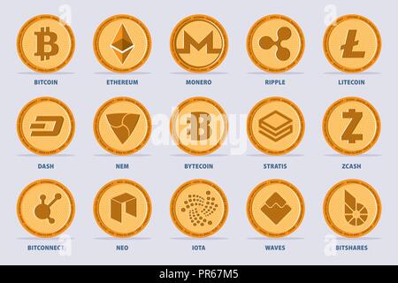 Einstellen der wichtigsten Cryptocurrency Münze. Vector Illustration mit 15 criptocurrency im flachen Stil. Stock Vektor