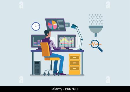 Mann bei der Arbeit mit dem Computer in einem Büro analizing Karten und Daten in verschiedenen Bildern Stock Vektor