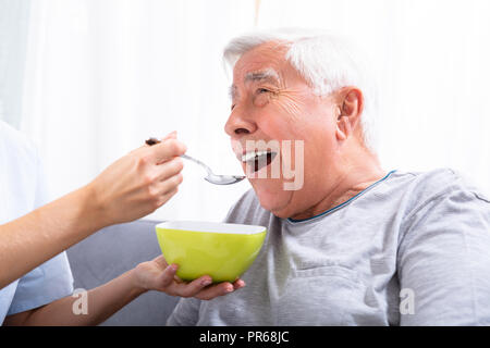 In der Nähe von einem Hausmeister Hand Fütterung älterer Mann Stockfoto