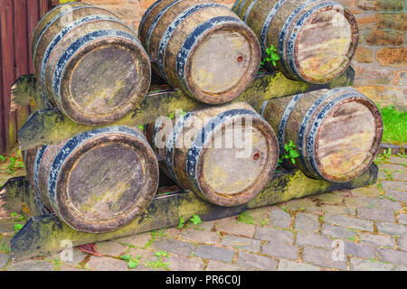 Eichenfass oder Wein Faß Bier und Wein in einer Brauerei zu speichern. Stockfoto