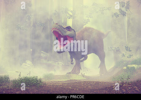 T-Rex, Tyrannosaurus rex Dinosaurier gehen durch einen nebligen Wald (3D-Rendering) Stockfoto