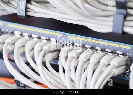 Gigabit Netzwerk Switch mit ausgerichteten Patchkabel im Rechenzentrum Stockfoto