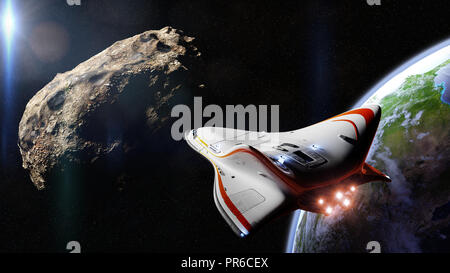 Raumschiff abfängt Meteoroid in der Umlaufbahn des Planeten Erde, erdnahen Asteroiden Weltraummission (3d-science fiction Illustration, Elemente dieses Bild Stockfoto