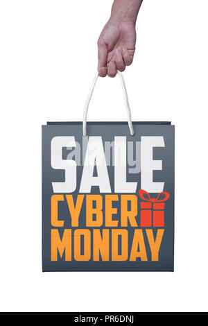 Shopper mit Cyber Monday paperbag, PC-Maus, Laptop. ticket label Verkauf Tag - Online shopping Konzept Stockfoto