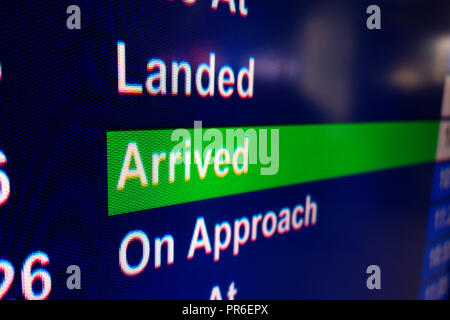 Flug kam Informationen über Zeichen in der Ankunftshalle im Flughafen Manchester, Großbritannien Stockfoto