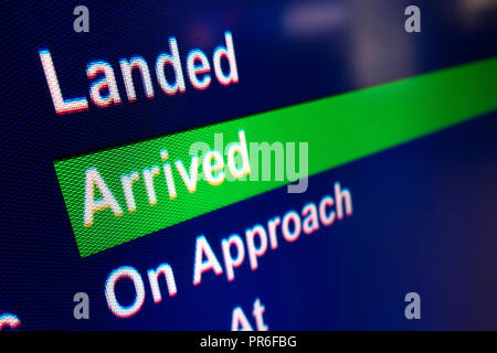 Flug kam Informationen über Zeichen in der Ankunftshalle im Flughafen Manchester, Großbritannien Stockfoto