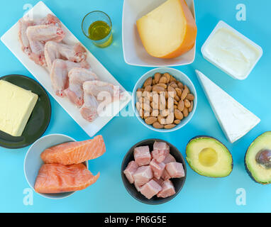 Ketogenic Diät essen. Low-carb essen Hintergrund, Fisch, Fleisch, Käse, Nüsse, Öl und Butter auf einem blauen Hintergrund. Mockup, flatlay, flach Draufsicht Keto Stockfoto