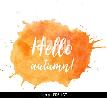 Hallo herbst Textplatte Vektor. Hallo herbst Textplatte vector, Hintergrund für Verkauf, Werbung Karte. Aquarell Hallo herbst Textplatte, Label, Hintergrund. Orange Aquarell Hallo herbst Textplatte Stock Vektor