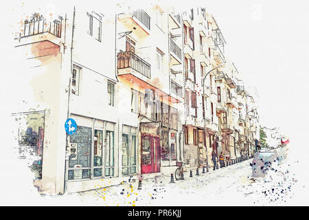 Ein Aquarell Skizze oder Abbildung eines traditionellen Straße mit Wohnhäusern in Istanbul, Türkei. Stockfoto