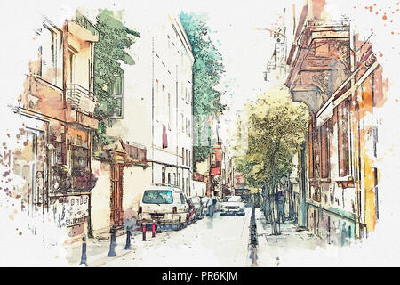 Ein Aquarell Skizze oder Abbildung eines traditionellen Straße mit Wohnhäusern in Istanbul, Türkei. Stockfoto