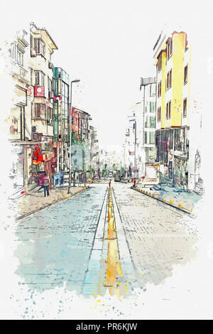 Ein Aquarell Skizze oder Abbildung eines traditionellen Straße mit Wohnhäusern in Istanbul, Türkei. Stockfoto