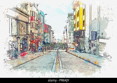 Ein Aquarell Skizze oder Abbildung eines traditionellen Straße mit Wohnhäusern in Istanbul, Türkei. Stockfoto