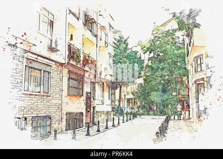 Ein Aquarell Skizze oder Abbildung eines traditionellen Straße mit Wohnhäusern in Istanbul, Türkei. Stockfoto