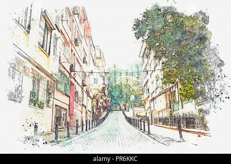Ein Aquarell Skizze oder Abbildung eines traditionellen Straße mit Wohnhäusern in Istanbul, Türkei. Stockfoto