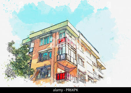 Ein Aquarell Skizze oder Abbildung eines traditionellen Apartment Haus in Istanbul, Türkei. Stockfoto