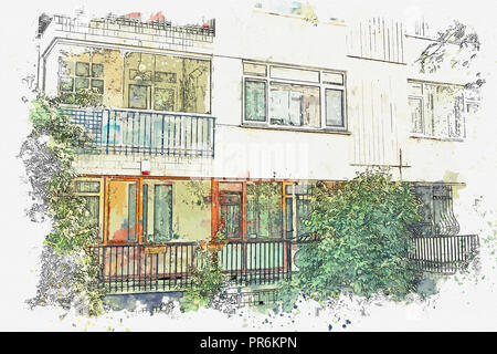 Ein Aquarell Skizze oder Abbildung eines traditionellen Apartment Haus in Istanbul, Türkei. Stockfoto