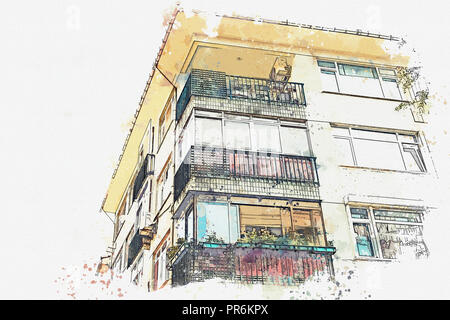 Ein Aquarell Skizze oder Abbildung eines traditionellen Apartment Haus in Istanbul, Türkei. Stockfoto