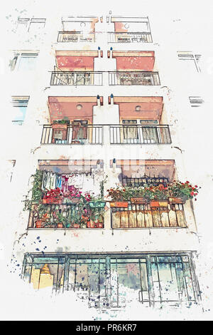 Ein Aquarell Skizze oder Abbildung eines traditionellen Apartment Haus in Istanbul, Türkei. Stockfoto