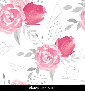 Aquarell pink und silber nahtlose Muster mit Blumen und geometrische Figur, handgezeichnete Hintergrund Stockfoto