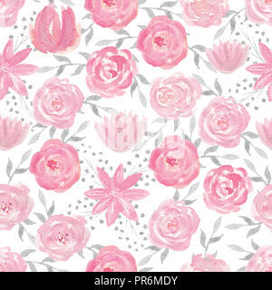 Nahtlose Muster mit Handgemalten Aquarell Rosen in Pastell Pink und Silber Farben. Romantische floral background Perfekt für Stoff Textil, Vintage p Stockfoto