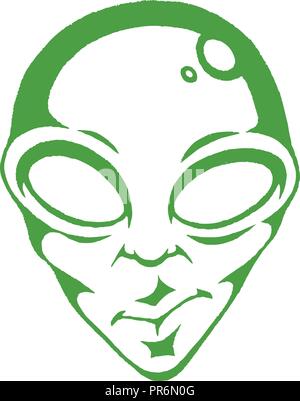 Abbildung: Grüne vektorisiert Tuschezeichnung des Alien Gesicht isoliert auf weißem Hintergrund Stock Vektor