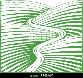 Abbildung: Grüne vektorisiert Tuschezeichnung des Hügel und den Fluss isoliert auf weißem Hintergrund Stock Vektor