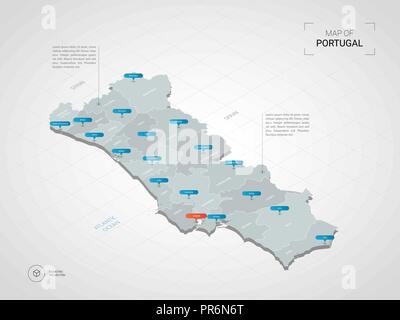 Isometrische 3D-Portugal Landkarte. Stilisierte Vektorkarte Abbildung mit Städten, Ländergrenzen, Kapital, administrative divisions und Zeiger markiert; gradient Hinterg Stock Vektor