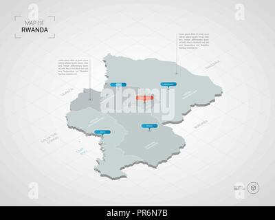 Isometrische 3D-Ruanda Karte. Stilisierte Vektorkarte Abbildung mit Städten, Ländergrenzen, Kapital, administrative divisions und Zeiger markiert; Gradient backgro Stock Vektor
