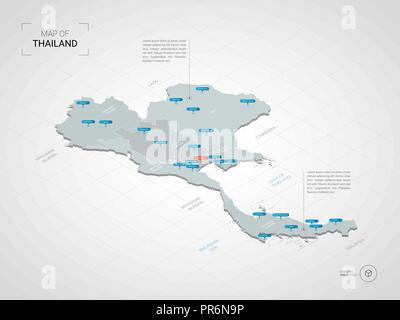 Isometrische 3D-Thailand Karte. Stilisierte Vektorkarte Abbildung mit Städten, Ländergrenzen, Kapital, administrative divisions und Zeiger markiert; gradient Hinterg Stock Vektor