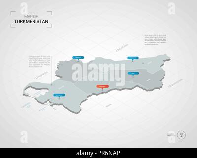 Isometrische 3D-Turkmenistan Karte. Stilisierte Vektorkarte Abbildung mit Städten, Ländergrenzen, Kapital, administrative divisions und Zeiger markiert; Steigung b Stock Vektor