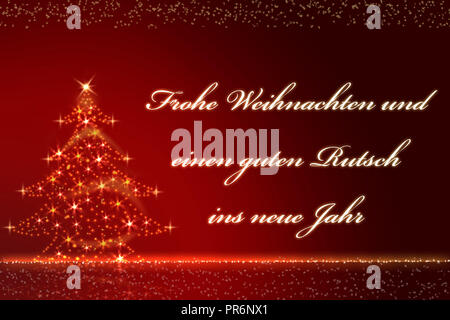 Gold glitzernden Weihnachtsbaum gegen eine Rote verschwommenen Hintergrund mit dem Text Frohe Weihnachten und ein Gutes neues Jahr in deutscher Sprache Stockfoto